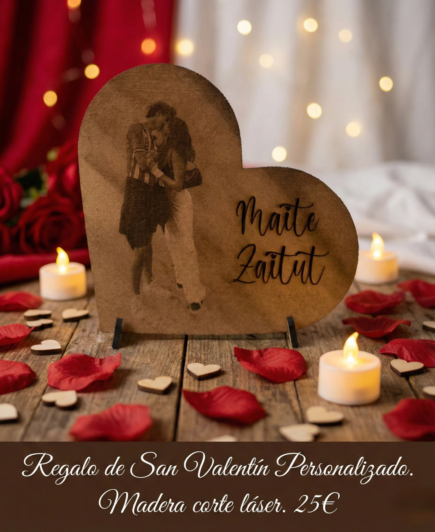 Corazón de madera personalizado con foto y nombres, regalo de San Valentín hecho a corte láser